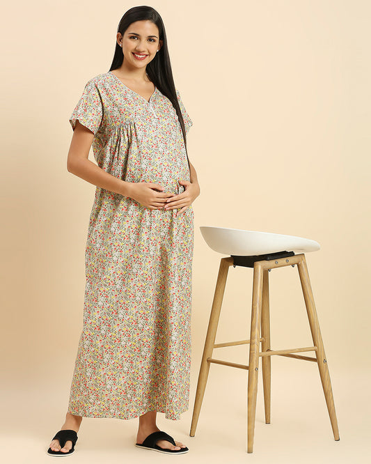 MomToBe Green Maternity Nursing Nighty-Floral Print-Cotton Blend-V Neck-Bump Friendly