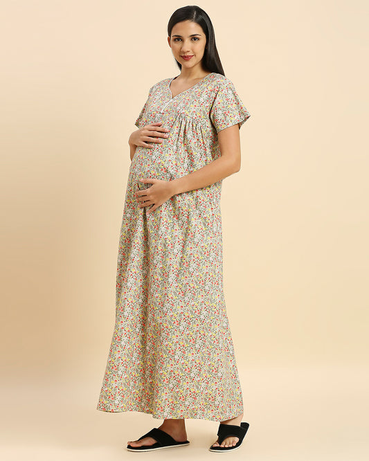 MomToBe Green Maternity Nursing Nighty-Floral Print-Cotton Blend-V Neck-Bump Friendly