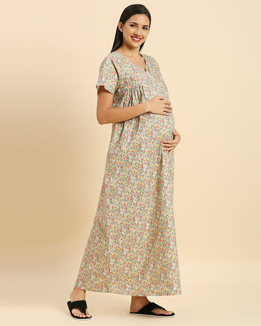 MomToBe Green Maternity Nursing Nighty-Floral Print-Cotton Blend-V Neck-Bump Friendly