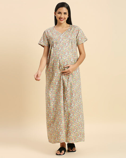 MomToBe Green Maternity Nursing Nighty-Floral Print-Cotton Blend-V Neck-Bump Friendly