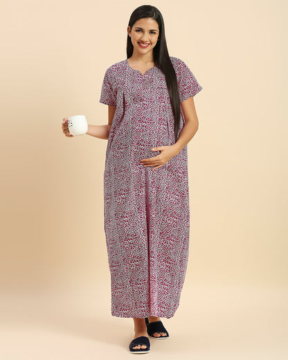 MomToBe Purple Maternity Nursing Nighty-Motifs Print-Cotton Blend-V Neck-Bump Friendly