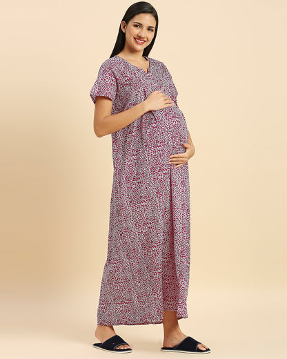 MomToBe Purple Maternity Nursing Nighty-Motifs Print-Cotton Blend-V Neck-Bump Friendly