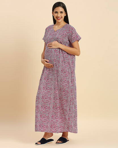 MomToBe Purple Maternity Nursing Nighty-Motifs Print-Cotton Blend-V Neck-Bump Friendly