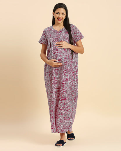 MomToBe Purple Maternity Nursing Nighty-Motifs Print-Cotton Blend-V Neck-Bump Friendly