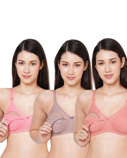 MomToBe Cotton Feeding Bra-Pack of 3-Non-Padded-Full Coverage-For Nursing-Beige, Pink & Peach