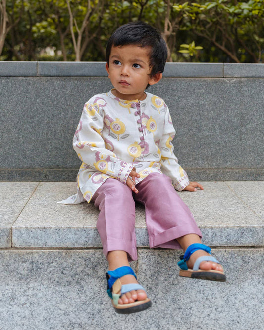 Dulaar Gardens of Anar Mulberry Kurta Pajama Set-Hand Block Printed-Chanderi-For Infants
