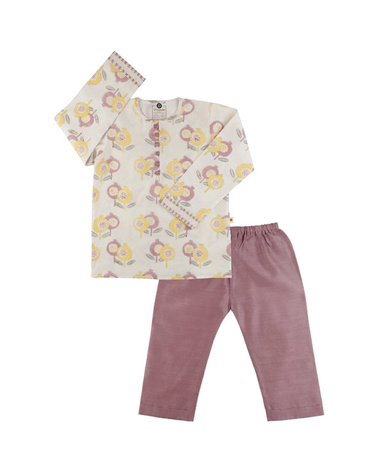 Dulaar Gardens of Anar Mulberry Kurta Pajama Set-Hand Block Printed-Chanderi-For Infants