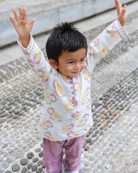 Dulaar Gardens of Anar Mulberry Kurta Pajama Set-Hand Block Printed-Chanderi-For Infants