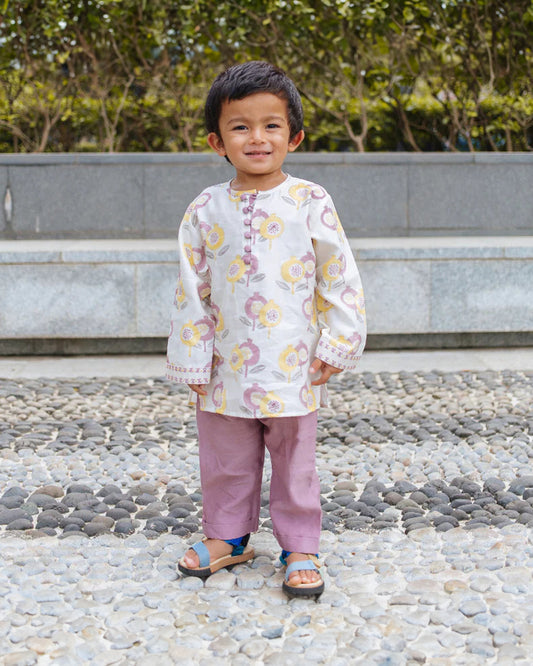 Dulaar Gardens of Anar Mulberry Kurta Pajama Set-Hand Block Printed-Chanderi-For Infants
