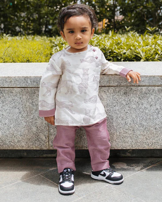 Dulaar Cheerful Cheetas Kurta Pajama Set-Hand Block Printed-Chanderi-For Infants