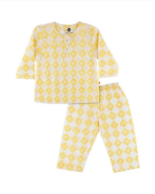 Dulaar Lucky Clover Yellows Nightsuit-Printed-Mulmul-For Infants