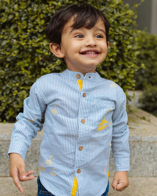 Dulaar Blue Shirt-Yellow Submarine Striped-Organic Cotton- For Infants