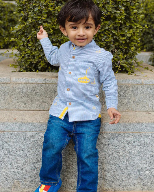 Dulaar Blue Shirt-Yellow Submarine Striped-Organic Cotton- For Infants
