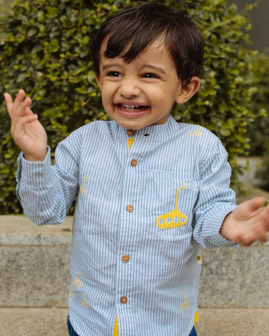 Dulaar Blue Shirt-Yellow Submarine Striped-Organic Cotton- For Infants