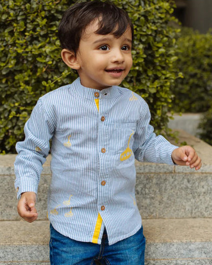 Dulaar Blue Shirt-Yellow Submarine Striped-Organic Cotton- For Infants