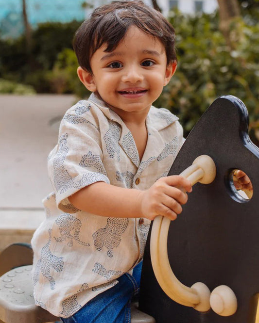 Dulaar Beige Shirt-Cheerful Cheetas-Organic Linen Hand Block Print- For Infants
