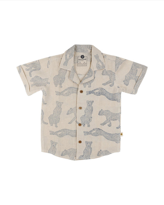 Dulaar Beige Shirt-Cheerful Cheetas-Organic Linen Hand Block Print- For Infants