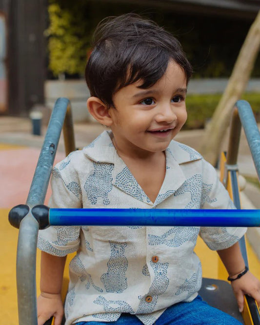 Dulaar Beige Shirt-Cheerful Cheetas-Organic Linen Hand Block Print- For Infants