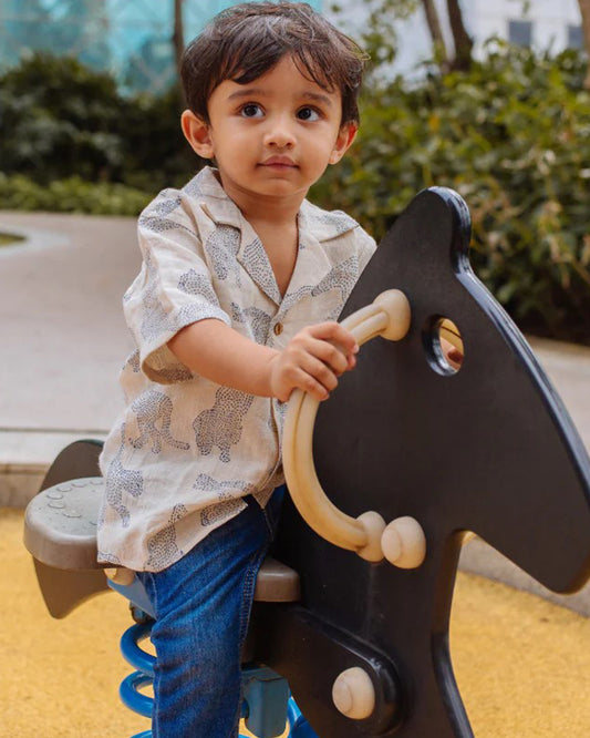 Dulaar Beige Shirt-Cheerful Cheetas-Organic Linen Hand Block Print- For Infants