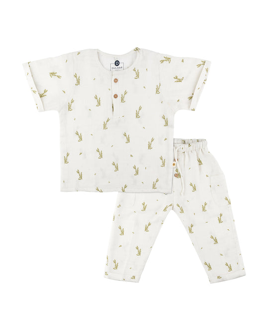 Dulaar Green Zen Jogger Set-Printed-Muslin Cotton-For Infants