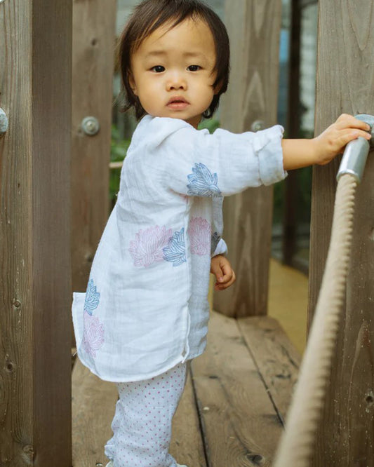 Dulaar Lotus Blooms Kurta Pajama Set-Hand Block Printed-Muslin-For Infants