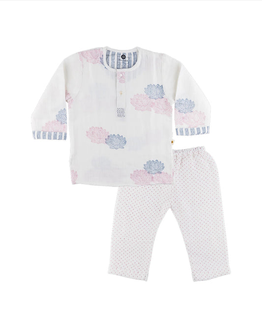 Dulaar Lotus Blooms Kurta Pajama Set-Hand Block Printed-Muslin-For Infants