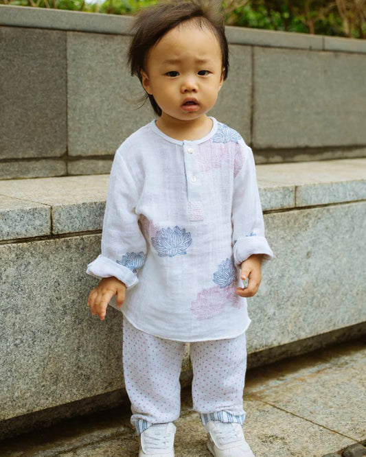 Dulaar Lotus Blooms Kurta Pajama Set-Hand Block Printed-Muslin-For Infants