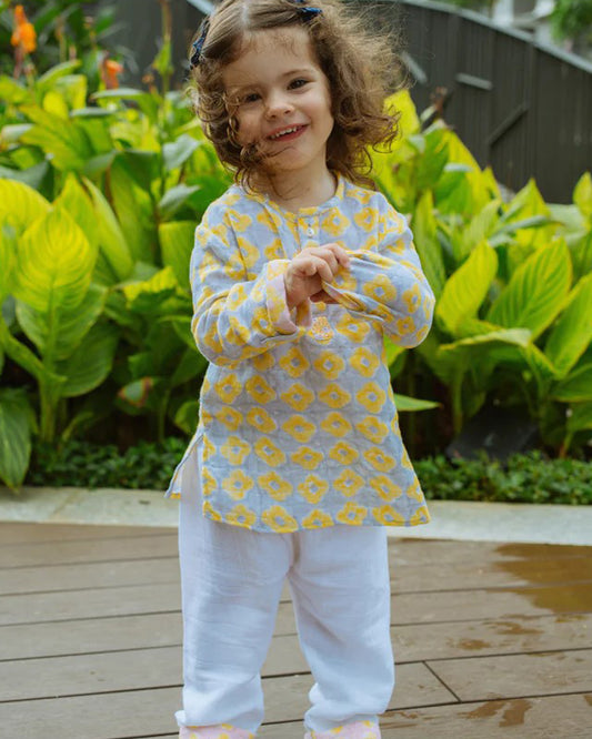 Dulaar Lucky Clover Grey Kurta Pajama Set-Hand Block Printed-Muslin-For Infants