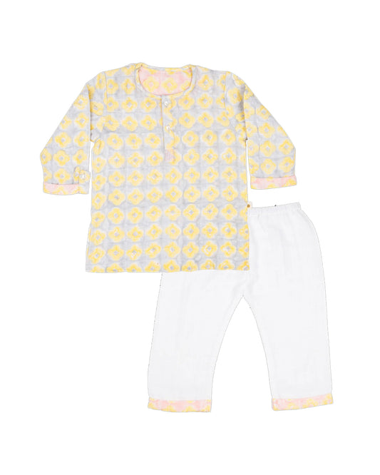 Dulaar Lucky Clover Grey Kurta Pajama Set-Hand Block Printed-Muslin-For Infants