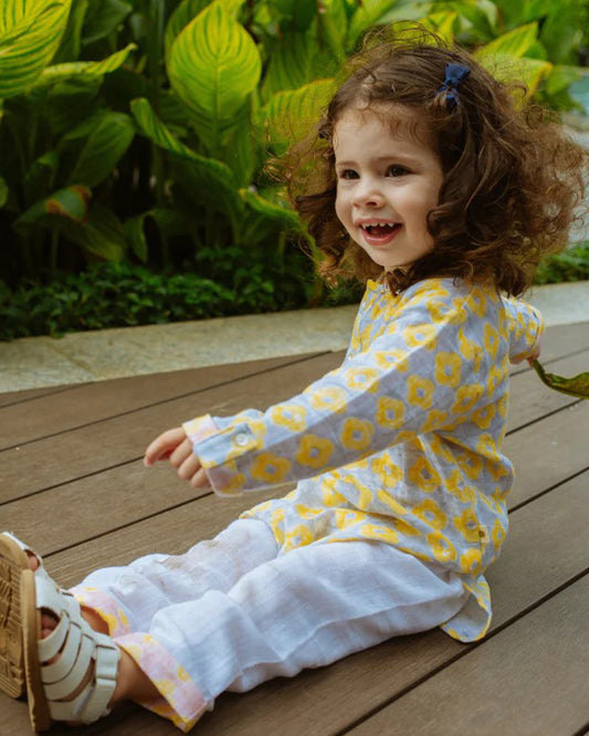 Dulaar Lucky Clover Grey Kurta Pajama Set-Hand Block Printed-Muslin-For Infants