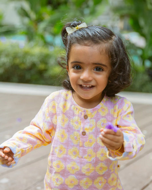 Dulaar Lucky Clover Pink Kurta Pajama Set-Hand Block Printed-Muslin-For Infants