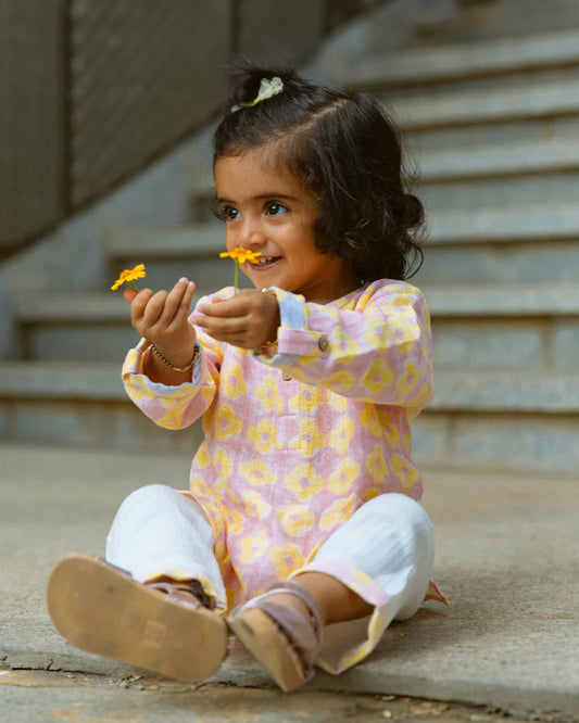 Dulaar Lucky Clover Pink Kurta Pajama Set-Hand Block Printed-Muslin-For Infants