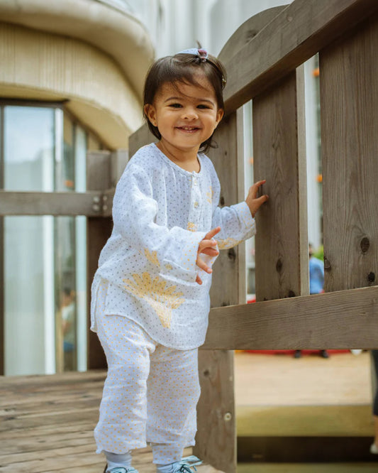 Dulaar Banana Leaf Bliss Kurta Pajama Set-Hand Block Printed-Muslin-For Infants