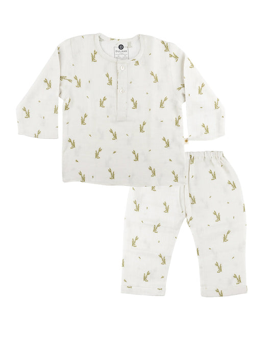 Dulaar Green Zen Loungewear Set-Printed-Organic Cotton Muslin-For Infants