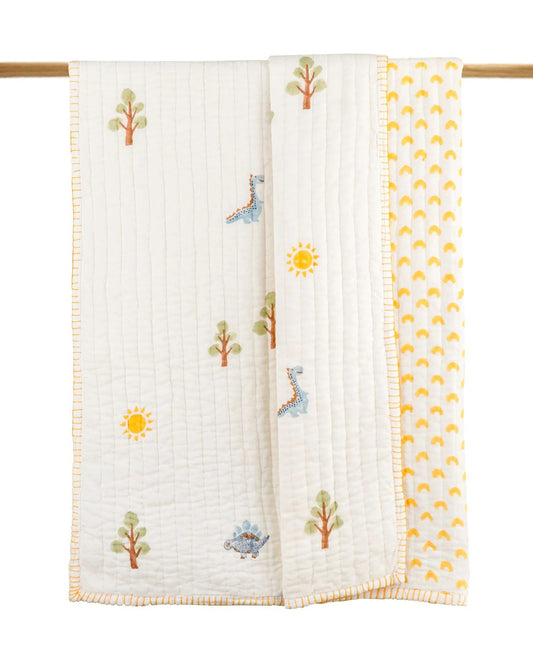 Dulaar Hand Block Printed A Day With Dinos Reversible Baby Quilt-Pure Malmal Muslin Cotton-For Infants