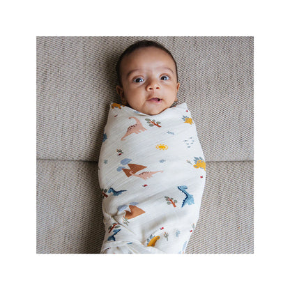 Dulaar A Day With Dinos Organic Muslin Swaddle-GOTS Certified Organic Cotton-Infant Wraps