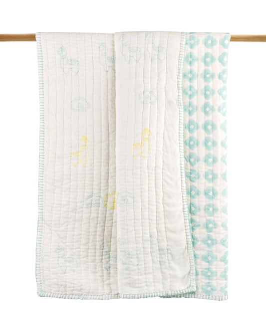 Dulaar Hand Block Printed Llama Love Reversible Baby Quilt-Pure Malmal Muslin Cotton-For Infants