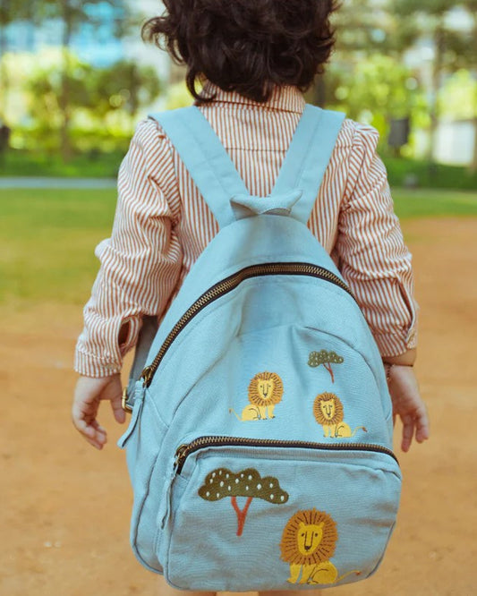 Dulaar Just Lion Around Backpack-GOTS Certified Organic Cotton Canvas-Blue