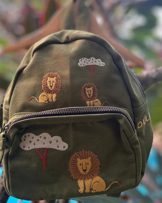 Dulaar Just Lion Around Backpack-GOTS Certified Organic Cotton Canvas-Olive