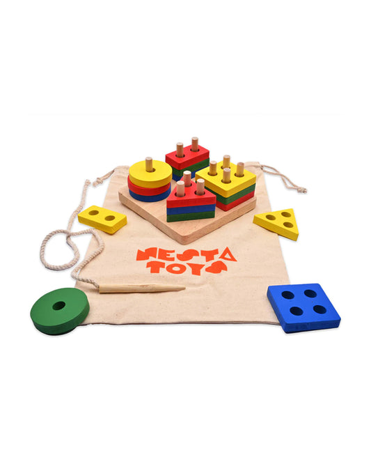 Nesta Toys Wooden Shape Sorter, Stacker & Lacing Toy-Learning & Educational Toys-12M+