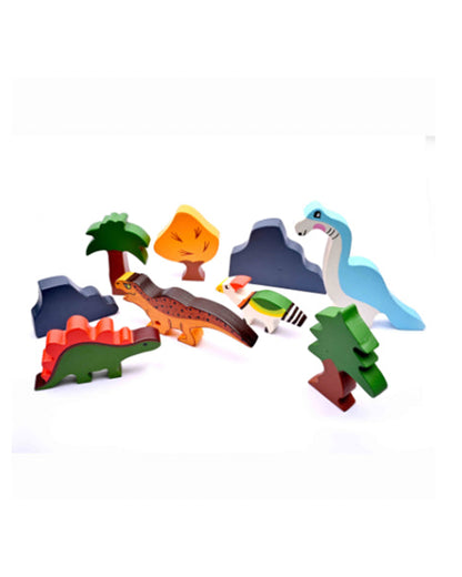 Nesta Toys Dinosaur World Wooden Set-With 4 Dinosaurs, 3 Trees & 2 Rocks-Pretend & Play Toy-24M+