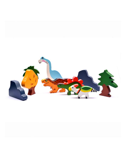 Nesta Toys Dinosaur World Wooden Set-With 4 Dinosaurs, 3 Trees & 2 Rocks-Pretend & Play Toy-24M+