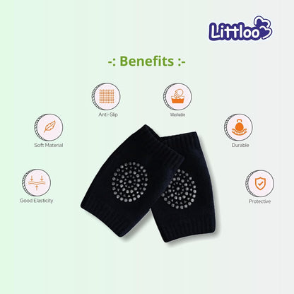 Littloo Cushioned Baby Elbow & Knee Pads-Anti Slip Soft Cotton-For Crawling Infants-Black