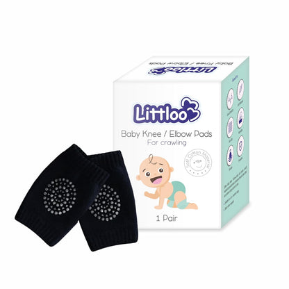 Littloo Cushioned Baby Elbow & Knee Pads-Anti Slip Soft Cotton-For Crawling Infants-Black