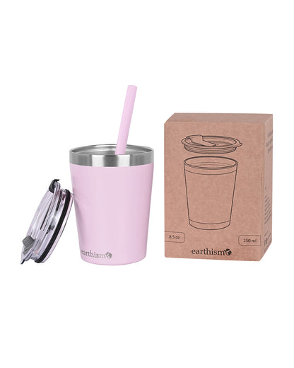 Earthism Double Wall Insulated Stainless Steel Tumbler-Soft Pink-With Lid & Straw-For Infants