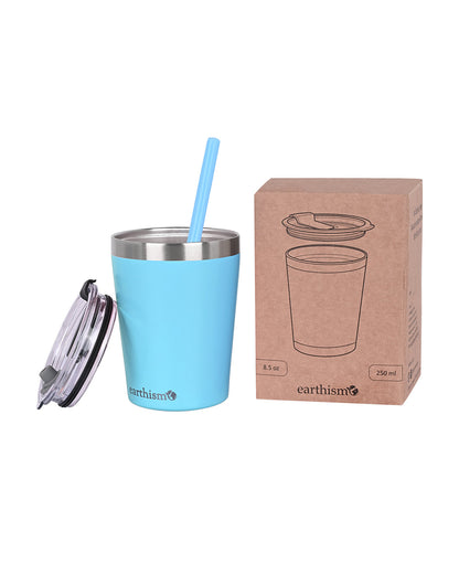 Earthism Double Wall Insulated Stainless Steel Tumbler-Soft Blue-With Lid & Straw-For Infants