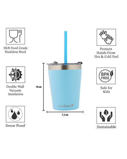 Earthism Double Wall Insulated Stainless Steel Tumbler-Soft Blue-With Lid & Straw-For Infants