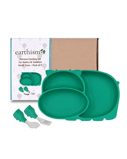 Earthism Silicone Meal Set-Cow Green-With Suction Plate-Set of 3-For Feeding Infants