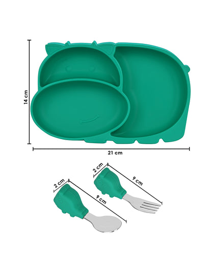 Earthism Silicone Meal Set-Cow Green-With Suction Plate-Set of 3-For Feeding Infants