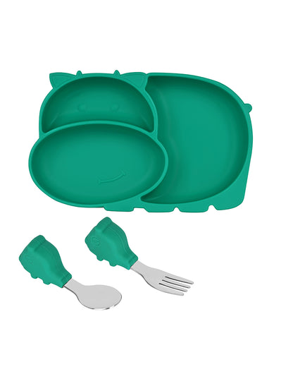 Earthism Silicone Meal Set-Cow Green-With Suction Plate-Set of 3-For Feeding Infants